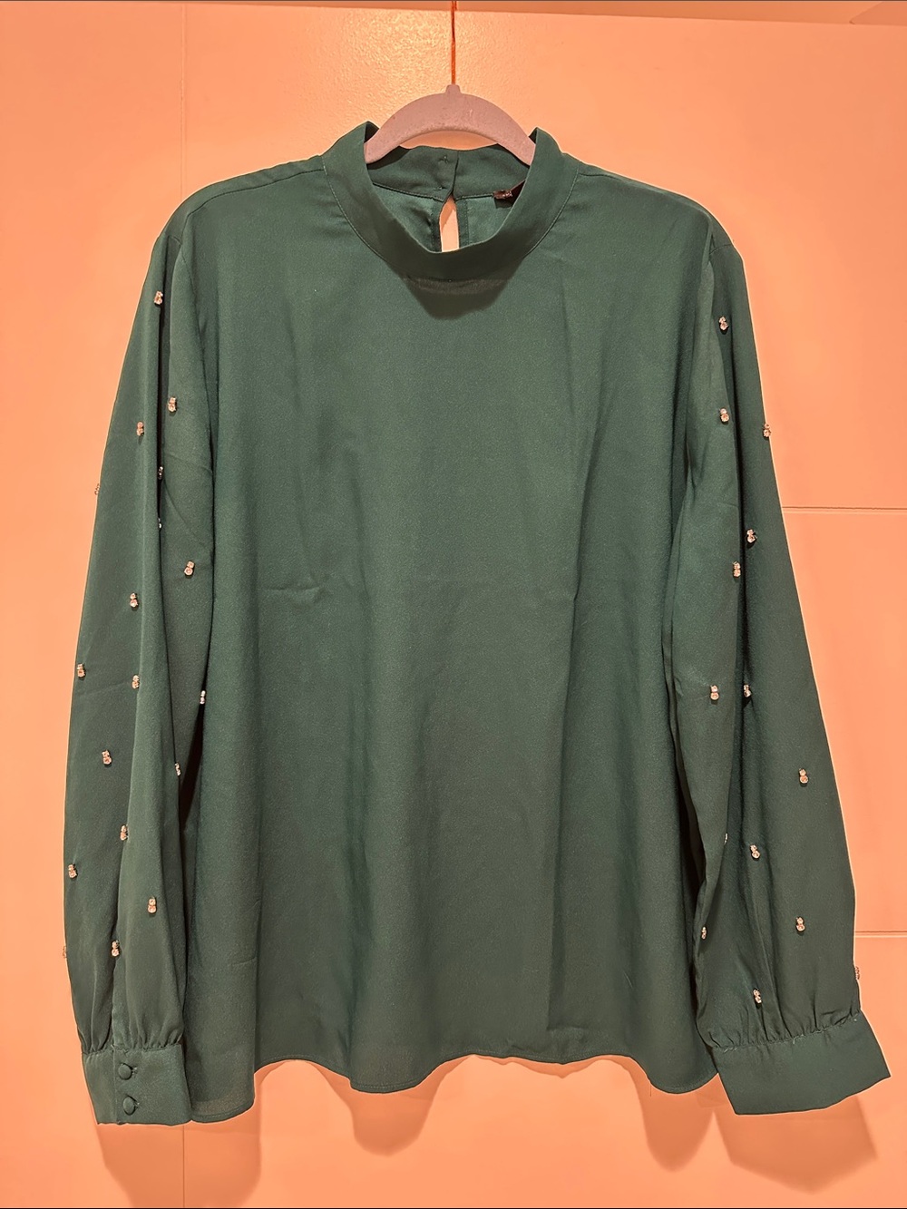 Women’s Emerald Green Long Sleeve Blouse with Embellished Sleeves